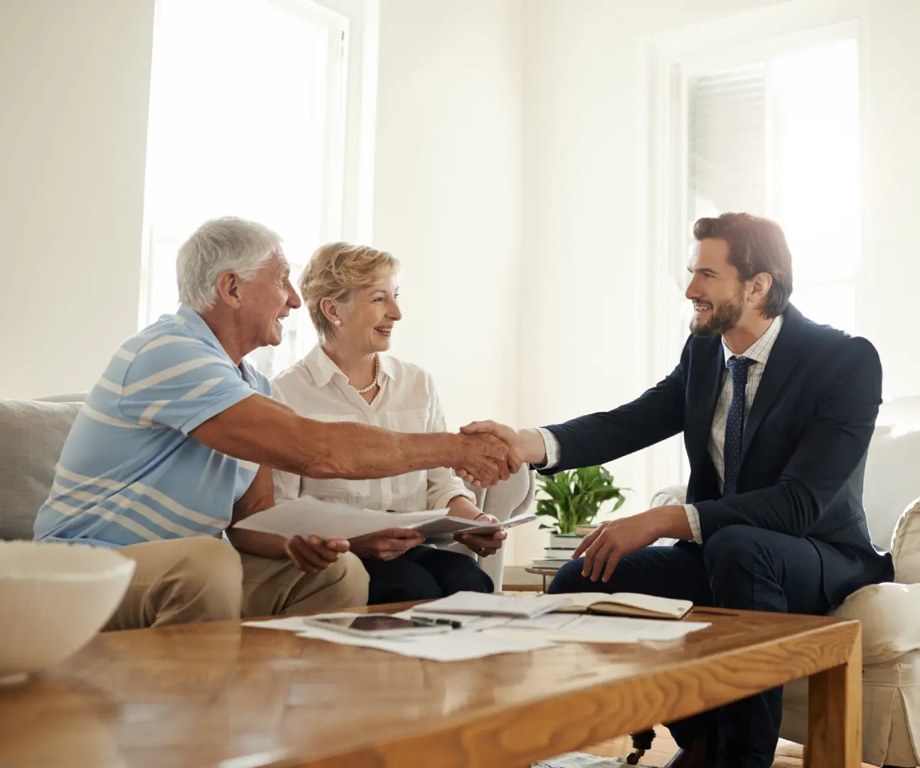 Elderly couple shaking hands with businessman.