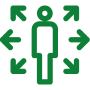 Person silhouette surrounded by outward arrows.