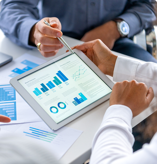 Tablet displaying business charts and graphs.